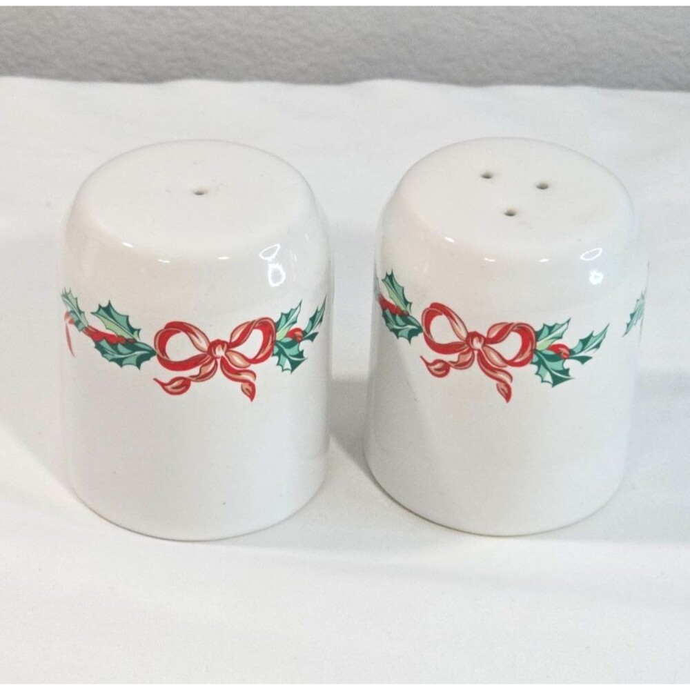 International China Christmas Ribbons Salt & Pepper Set 2.75" tall coquette